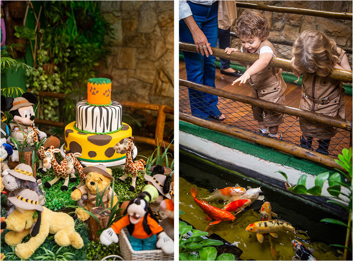 Foto da decoração com detalhes do bolo com tema safari (á esquerda) e as crianças se divertindo com as carpas coloridas