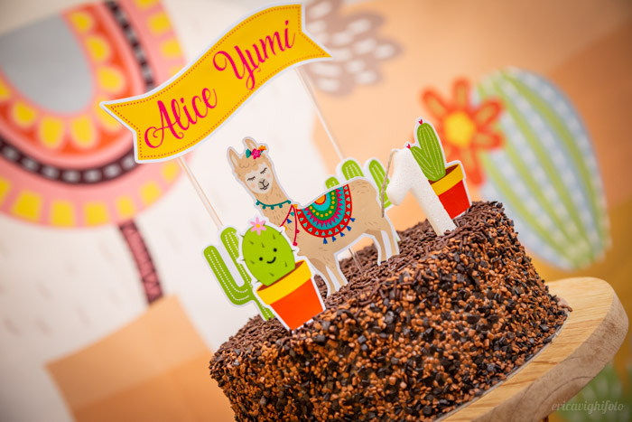 Bolo de chocolate com toppers de llama e cactus e o nome da aniversariante