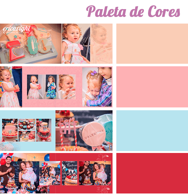 Imagem de paleta de cores escolhida para album, nos tons rosa, pessego, azul e vermelho. Cada página, com sua cor de fundo e , ao lado um quadradinho com a cor selecionada.