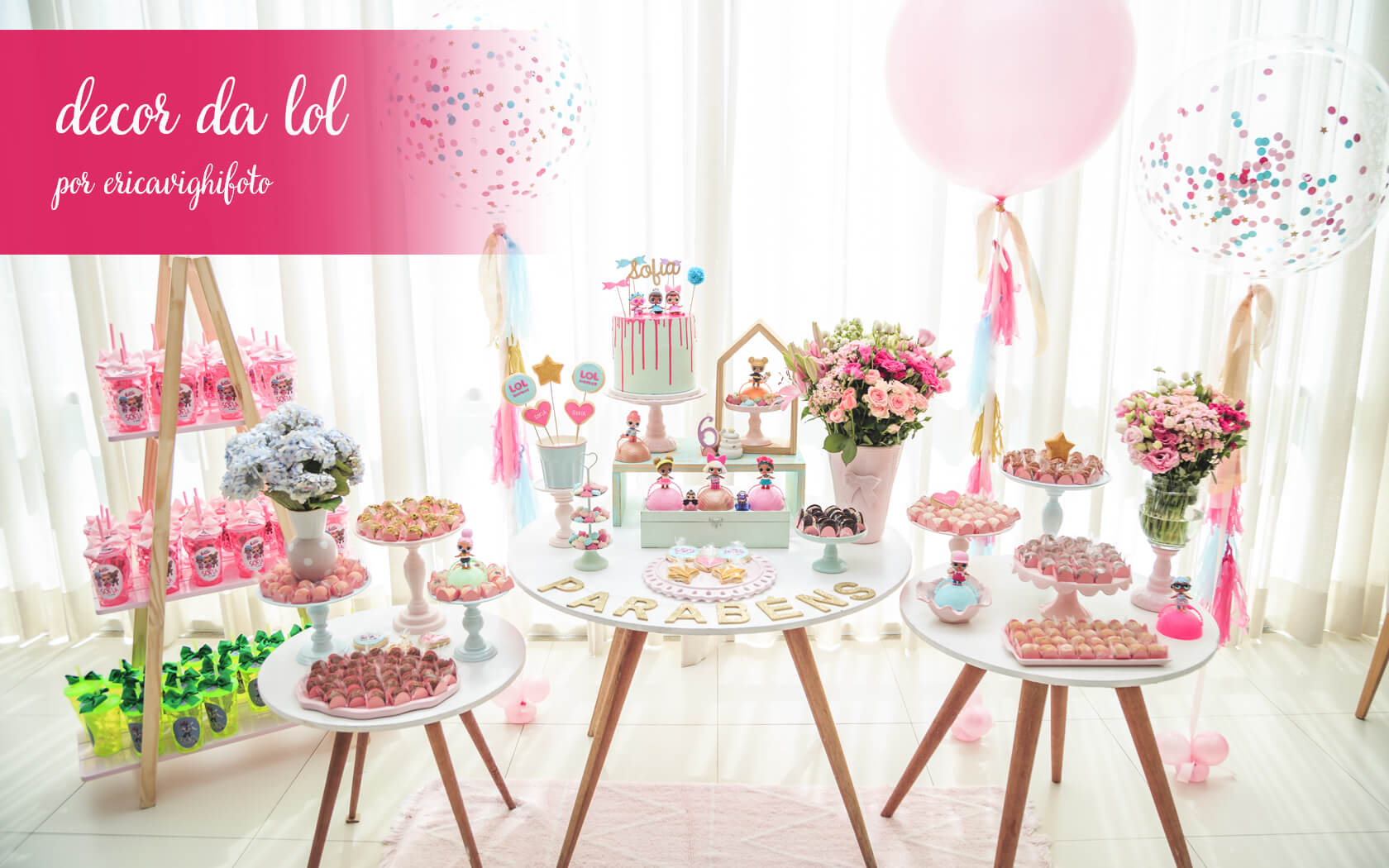 decoração de festa clean com o tema LOL